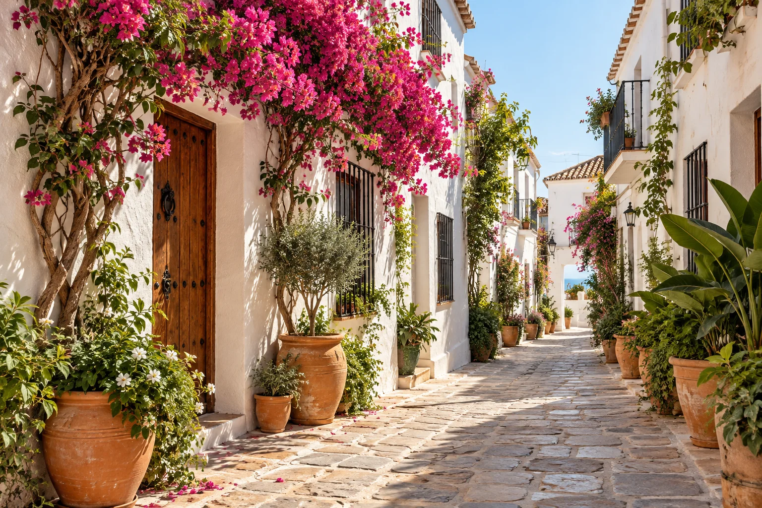 Sunlit whitewashed lane in Estepona