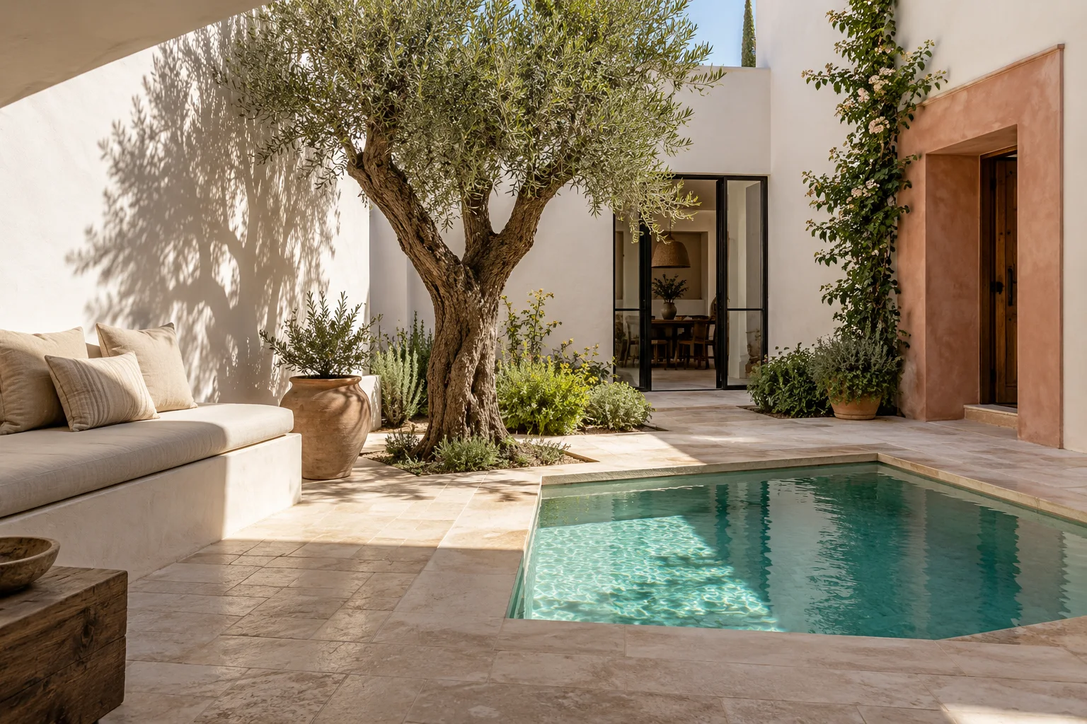 An olive tree and a plunge pool in the courtyard of a whitewashed house